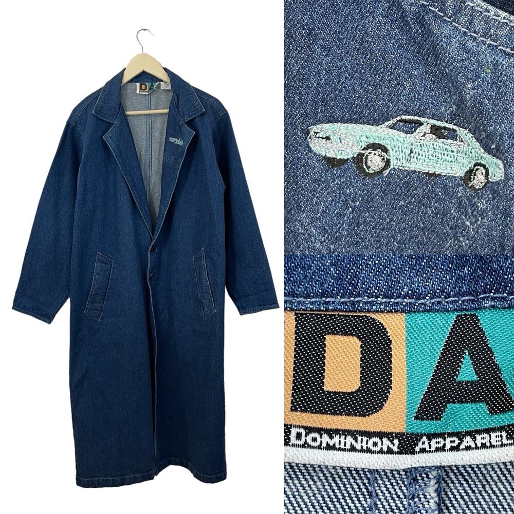 Vintage Dominion Apparel Jean Denim Trench Coat Retro Car Cotton XS Mens READ